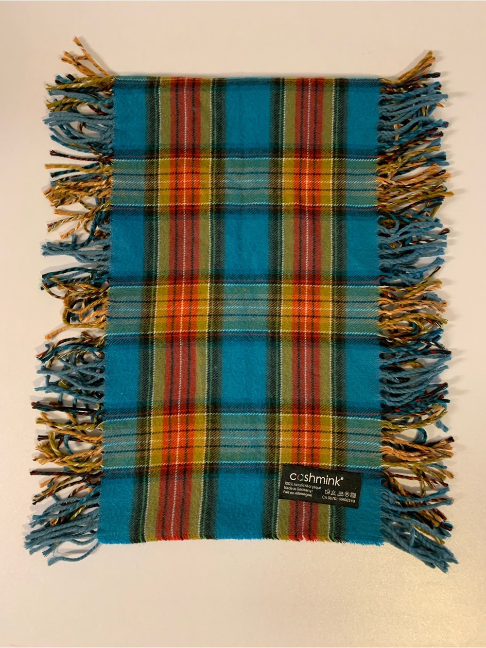 Cashmink Plaid Scarf Double Fringe Blue Yellow Orange Made In Germany